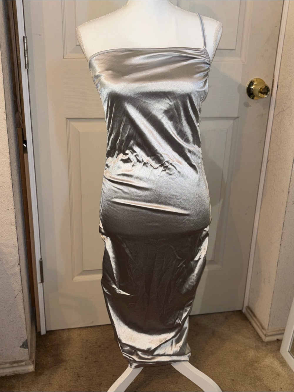 Forever 21 Silver One-Shoulder Satin Midi Slip Dress